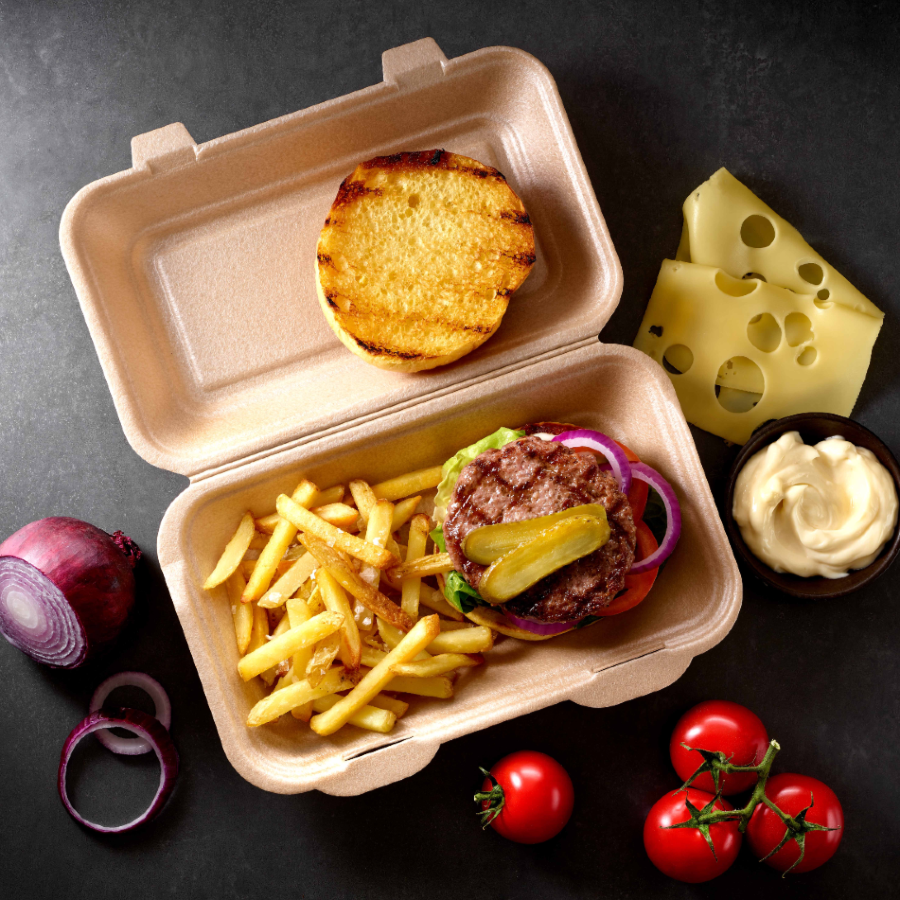 Burger and chips in single use fully recyclable plastic 