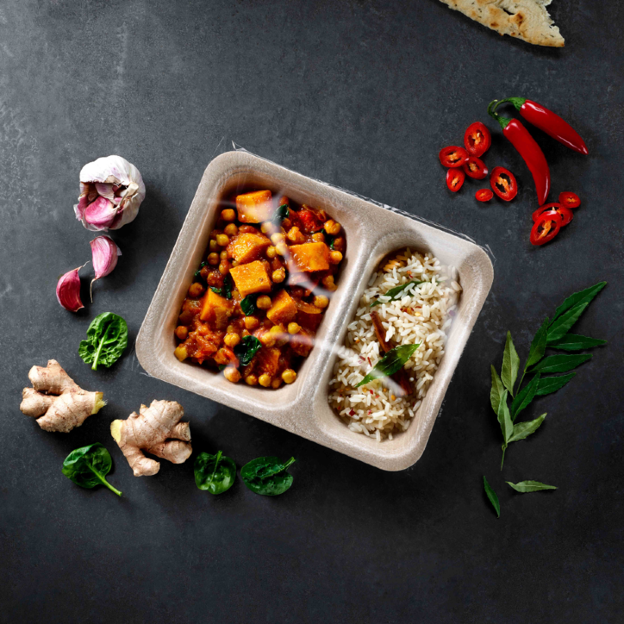 Chickpea curry in single use fully recyclable plastic 